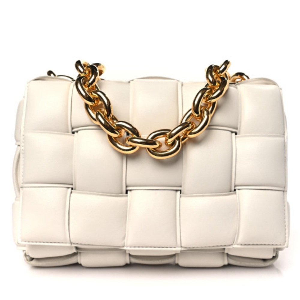 BOTTEGA VENETA Lambskin Maxi Intreccio Padded Chain Cassette Crossbody Bag Chalk